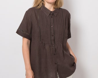 PERSONA Brown Linen Button Up Shirt Linen Gauze Shirt Linen Brown Blouse Travel Casual will fit M, L Size Gift