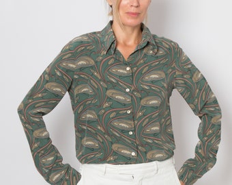 Vintage Silk Button Down Shirt Green Silk Shirt Ladies Silk Blouse Abstract Print Medium Size Gift