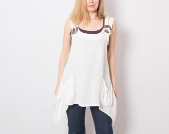 Assymetrical White Linen Tunic Top with Pockets Linen Pinafore Top Large Size Gift for Girlfriend