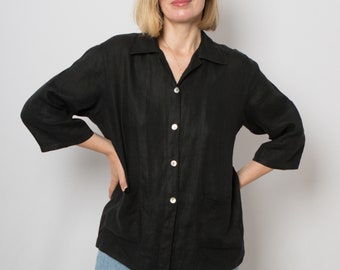 Vintage Oversized Linen Shirt Linen Cardigan with pockets Black Linen Blouse Flowy Blouse Large Size Gift for Girlfriend