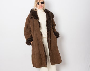 Vintage Brown Suede Long Shearling Coat Women will fit M/L Size Gift for Wife Girlfriend