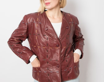 Italian 90s Burgundy Leather Jacket Dark Red Leather Jacket Women Crop Leather Blazer Large Size Gift