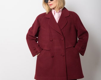 Vintage Short Wool Burgundy Coat Cashmere Coat Double Breasted Overcoat Large Size Made in Germany Gift
