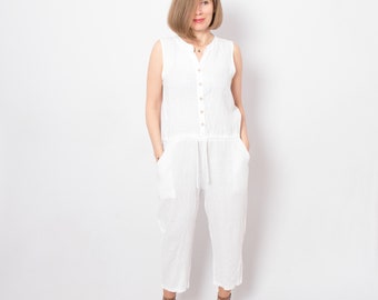 ITALIAN White Linen Jumpsuit Women Sleeveless Summer Playsuit Medium Size Gift for Girlfriend
