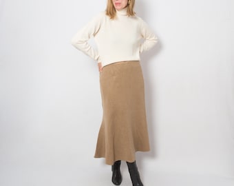 Vintage Beige Long Wool Skirt Flounce Skirt Large Size W 32 Secretary Librarian Skirt Style