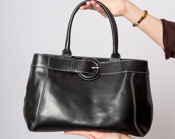 Vintage FURLA Bag Minimalist Leather Shoulder Bag Black Real Leather