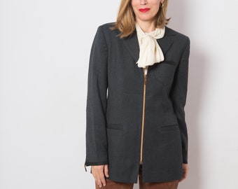 RENATO BALESTRA Grey Wool Blazer Steampunk Blazer with Golden Zip up Jacket Medium Size Gift for Lady