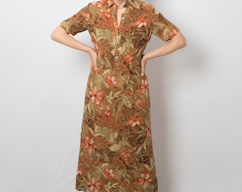 Vintage Maxi Shirt Dress Hibiscus Leopard Print Dress Tropical Floral Dress Bohemian Grunge Dress Medium Size