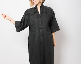 Vintage Trench Dress Button Linen Dress Linen Shirtdress Black Shirtdress Large Size