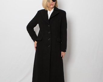 90s Womens Black Cashmere Coat Maxi Coat Long Dress Coat Long Black Wool Coat Wool Dress Coat Minimalist Medium Size Gift