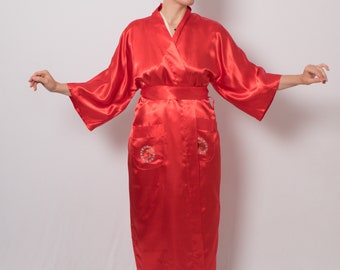 Vintage Asian Kimono Robe Oriental Chinese Embroidery Long Satin Robe One Size M, L Gift