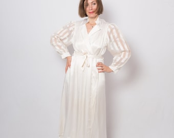 Vintage Peignoir Set Nightgown Robe Set Long Silk White Dressing Gown Silk Slip Dress Gift for Bride Large Size