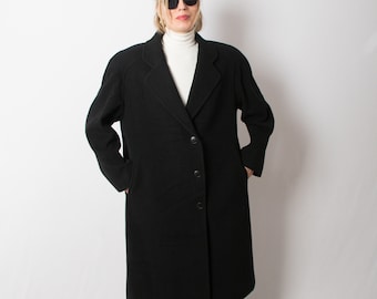 Vintage FRANCO ANCONA Long Black Wool Coat Overcoat Classic Office Business Wear Large Size