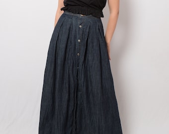 Vintage Maxi Denim Skirt Denim Button Down Skirt Pleated Denim Skirt Floor Length Skirt Medium Size W 27