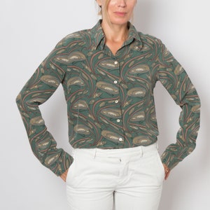 Vintage Silk Button Down Shirt Green Silk Shirt Collared Abstract Print Medium Size Gift image 1