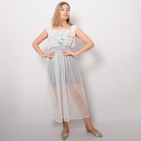 RETRO Babydoll Nightgown Transparent Nylon Negligee Long White See Through Nylon Nightgown Style Edwardian Nightgown Large Size