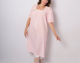 Vintage Cotton Nightgown Women Embroidered Flowers Soft Pink Night Gown Medium Size Gift for Aunt