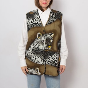 Vintage Ladies Long Vest Puma Print Leopard Vest Long Sleeveless Jacket Womens Long Vest can fit M L Size Gift image 1