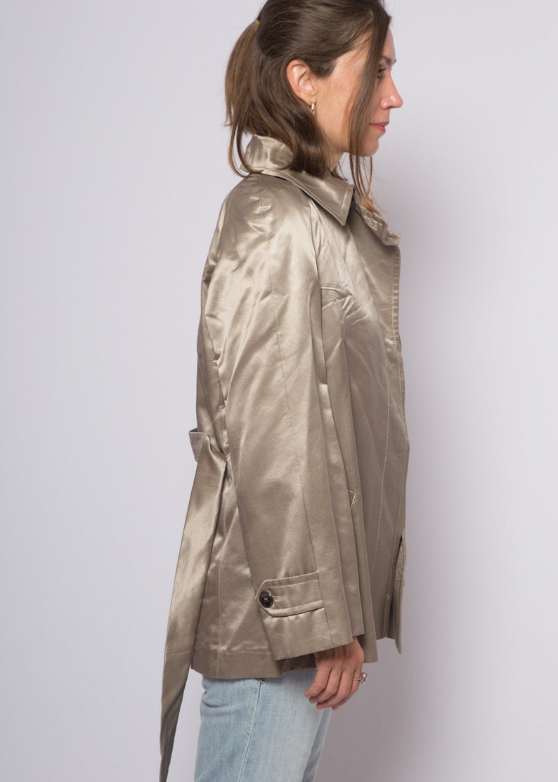 Max Mara Pinaforte Short Trench Coat Metallic Silver Cotton Silk Duster Evening Jacket Large Size