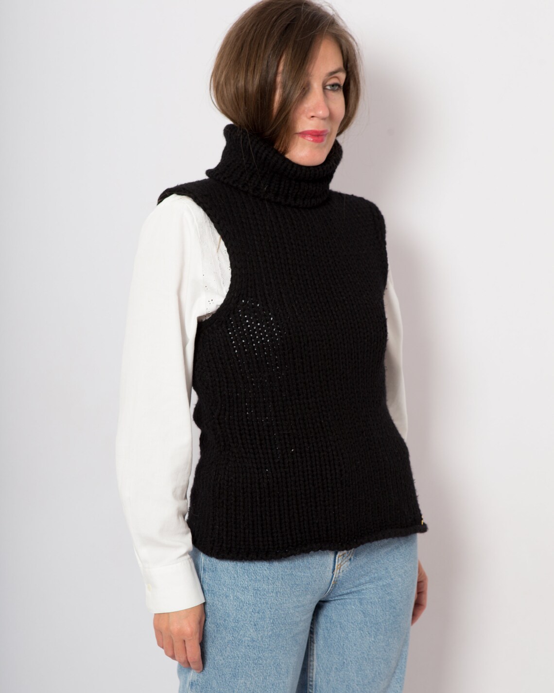 Black Turtleneck Wool Sleeveless Sweater Vest Knit Knitted Etsy