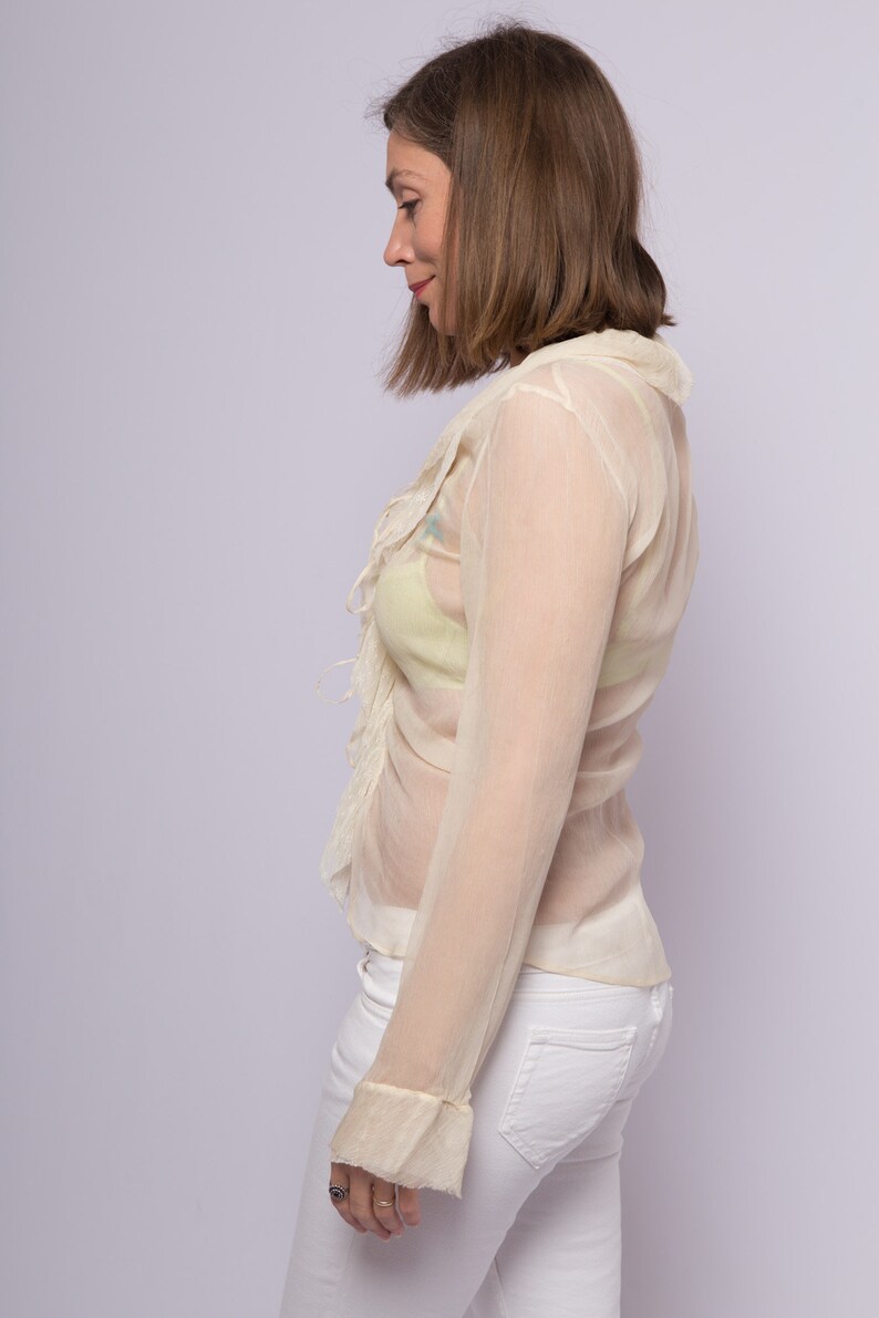 Vintage Beige See Through Blouse Poet Sleeve Jabot Ruffle Blouse Mesh Shirt Sheer Blouse Lolita Blouse Ruffle Shirt Medium Shirt