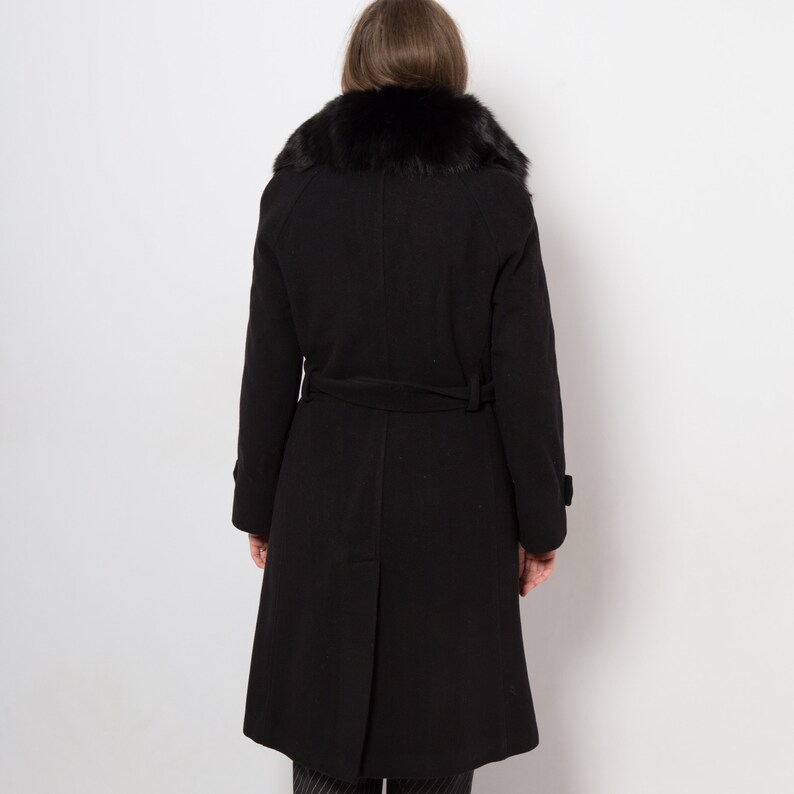 TRUSSARDI Winter Black Coat with Belt Italian Style Military Overcoat with Fox Collar Heavy Classic Formal Coat M Size