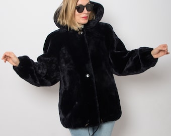 Vintage Blue Faux Fur Coat Hooded Faux Fur Coat Fluffy Coat Teddy Coat Medium Size