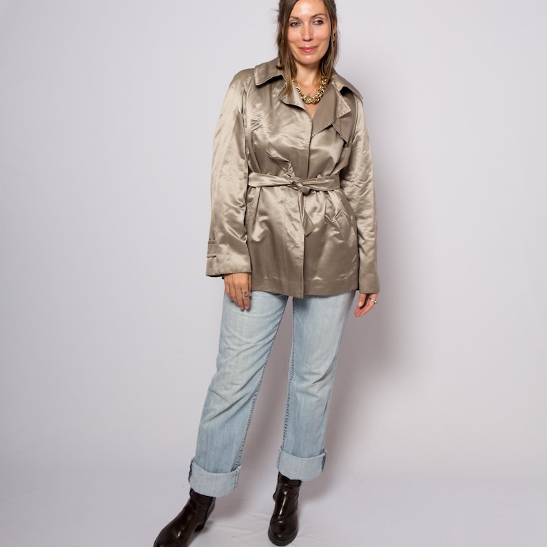 Max Mara Pinaforte Short Trench Coat Metallic Silver Cotton Silk Duster Evening Jacket Large Size