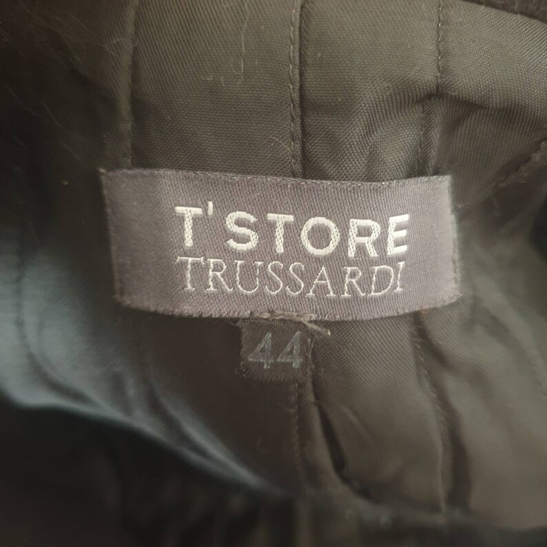 TRUSSARDI Winter Black Coat with Belt Italian Style Military Overcoat with Fox Collar Heavy Classic Formal Coat M Size