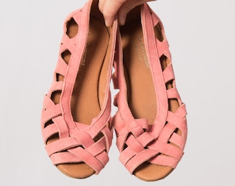 LA GARCONNE Pink Suede Sandals Braided Sandals Suede Leather Ballet Flats Fancy Sandals EU 35 Made in Spain