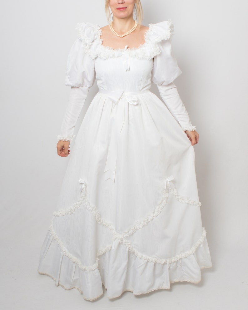 1980s White Puff Sleeve Wedding Dress Princess Wedding Dress inspired Victorian Edwardian Wedding dress Medium Size image 2