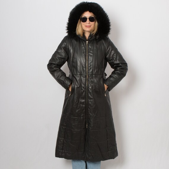 Full length leather coat with fur trim hotsell