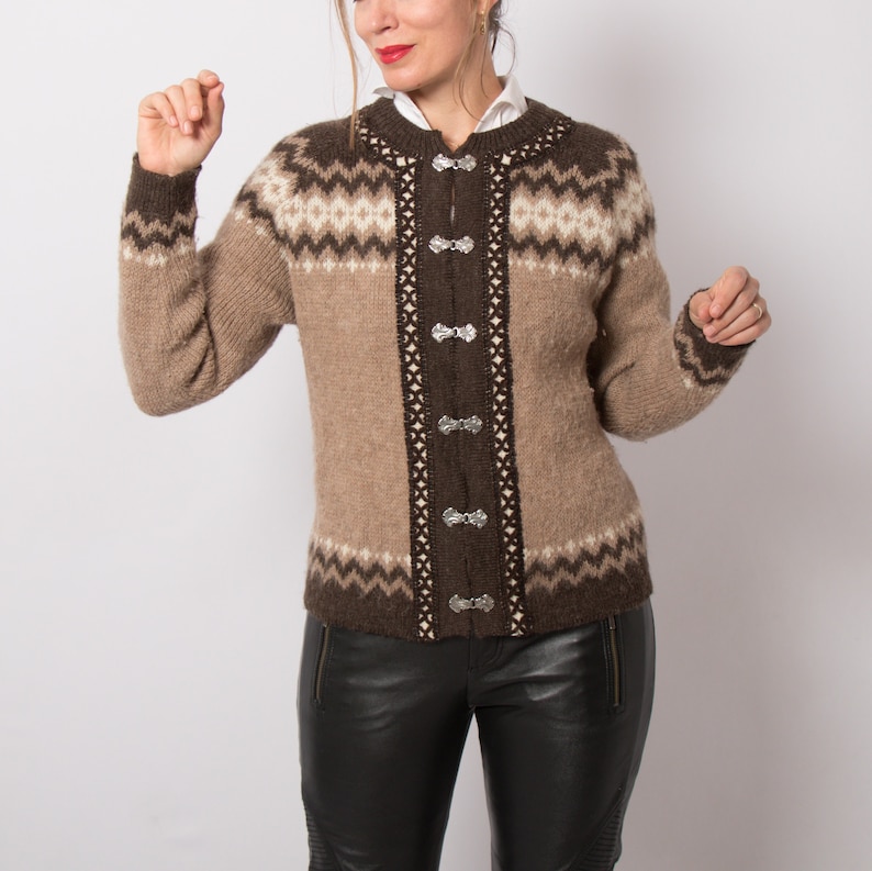 Vintage Brown Wool Cardigan Textured Cardigan Fuzzy Cardigan Fair Isle Cardigan Made in Norway will fit S, M image 1