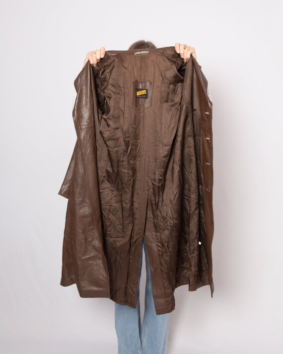 90s Brown Vintage Leather Trench Coat Women Minimalis… - Gem