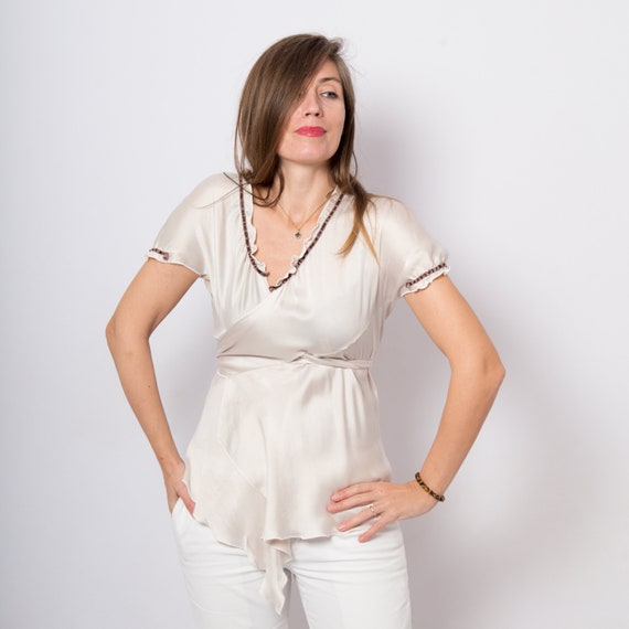 Cream Silk Satin Blouse Silk Wrap 