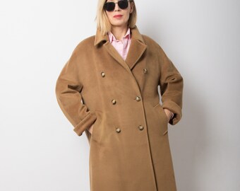 90s Camel Brown Wool Coat Double Breasted Wool Coat Oversized Wool Coat will fit M/L Size