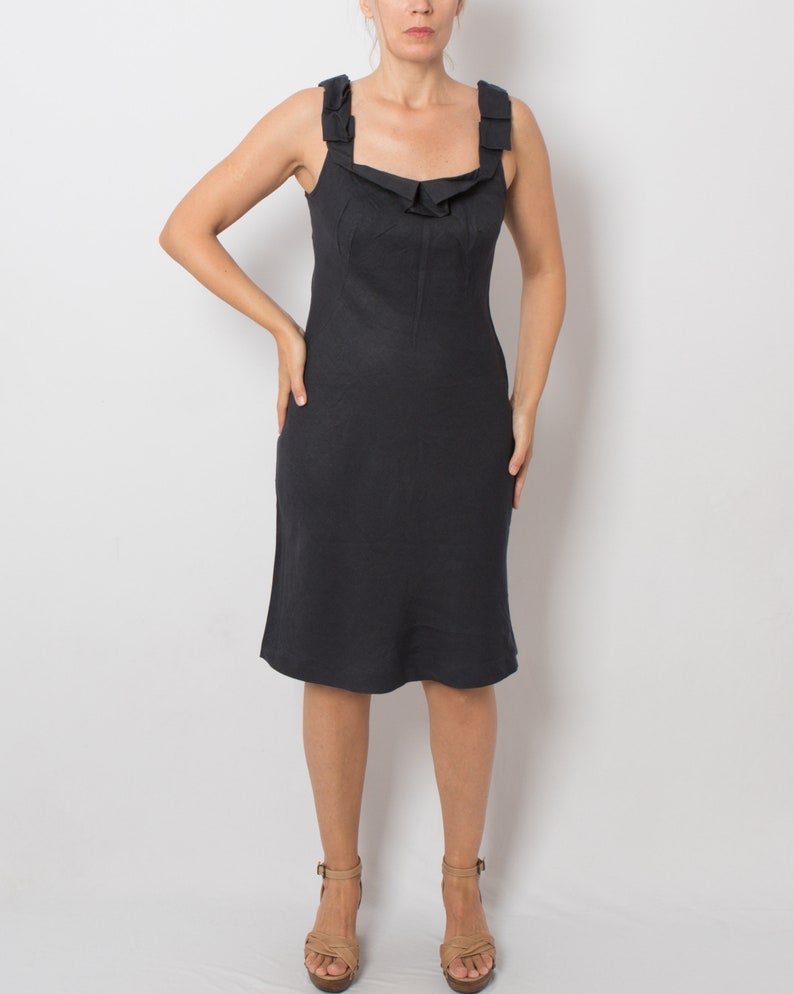 ASPESI Black Linen Dress Elegant Semi Formal Dress Summer Mourning Dress Medium Size Gift image 3