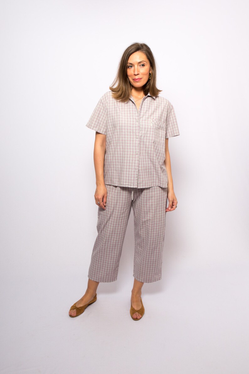 90s Plaid Cotton Pajama Set Tartan Loungwear Pyjama Femme Night Gown Sleepwear Medium Size