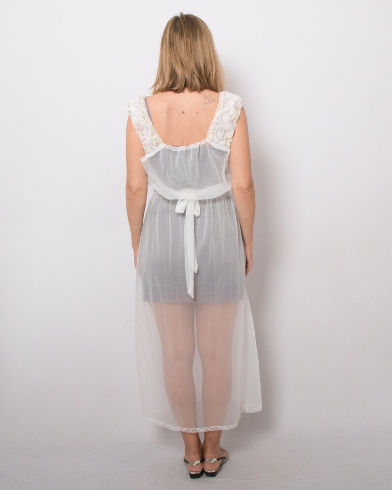 RETRO Babydoll Nightgown Transparent Nylon Negligee Long White See Through Nylon Nightgown Style Edwardian Nightgown Large Size image 6