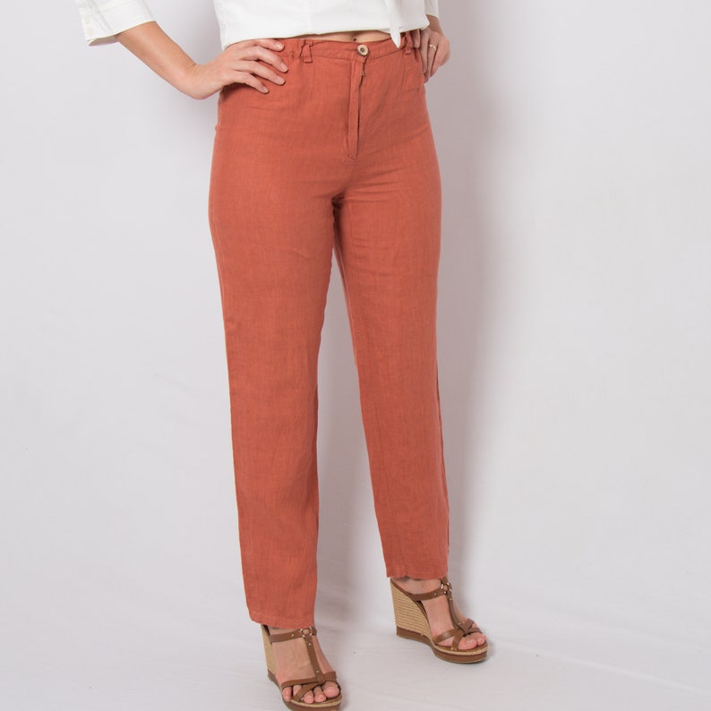 Vintage TERRACOTTA Casual Linen Pants Linen Trousers Women Medium Size W 28 Gift for Girlfriend Daughter image 6