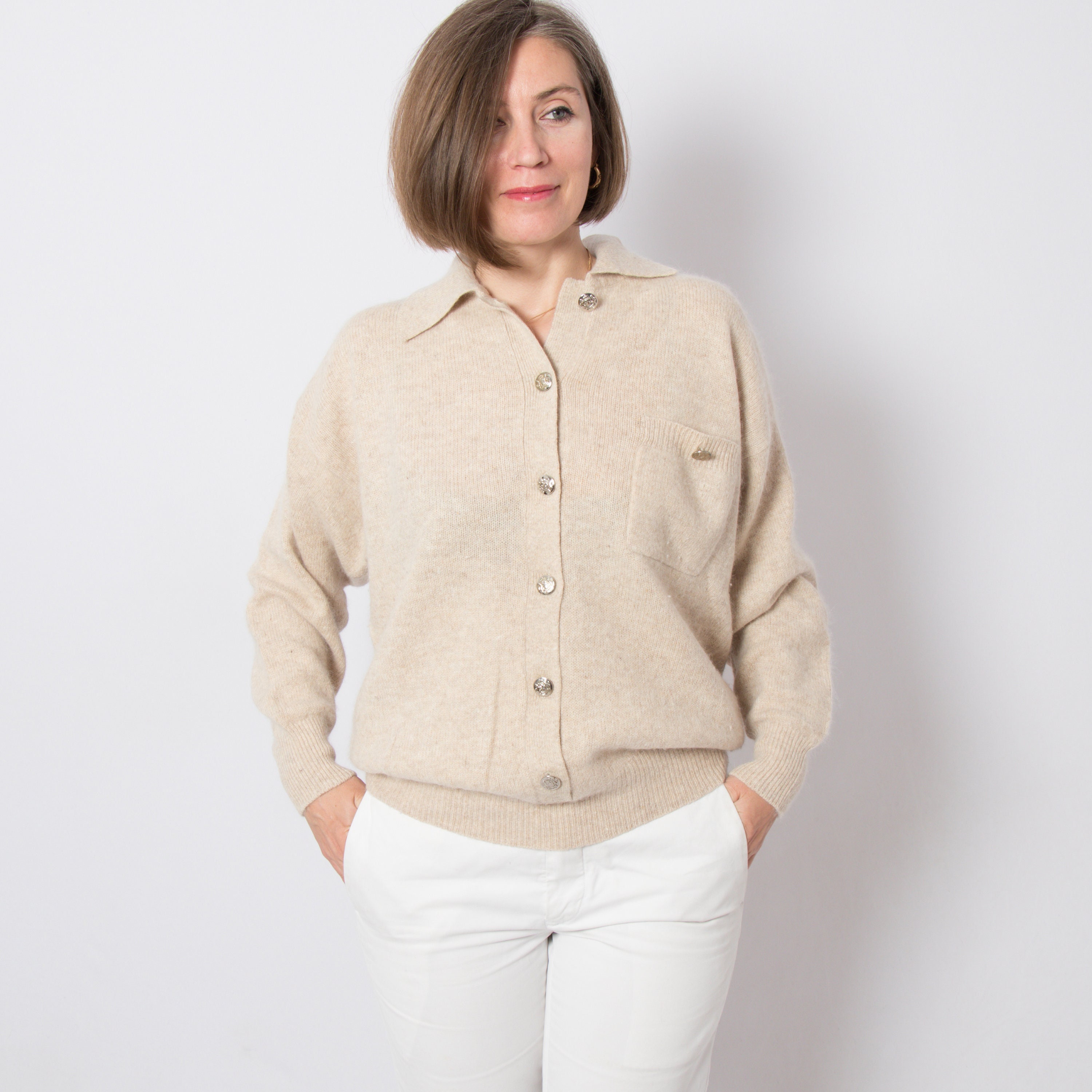VintageNr5 Vintage Oatmeal Angora Cardigan Collared Soft Button Up Loose Fit Bishop Sleeves Minimalist Style Will Fit M, L Size