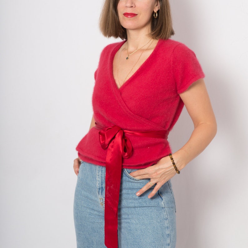 90s Red Angora Cardigan Wrap Fluffy Cardigan Short Sleeve Cardigan Front Silk Tie Medium Size Gift image 2