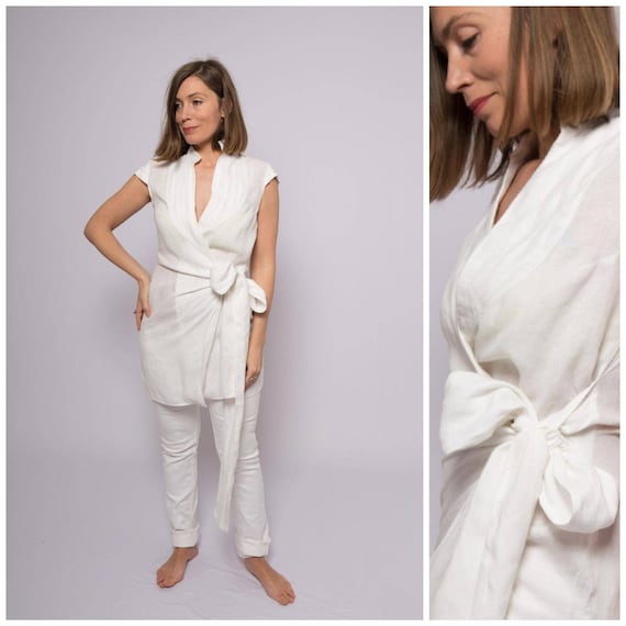 Linen Wrap Top Linen Shirt Linen Wrap Blouse White