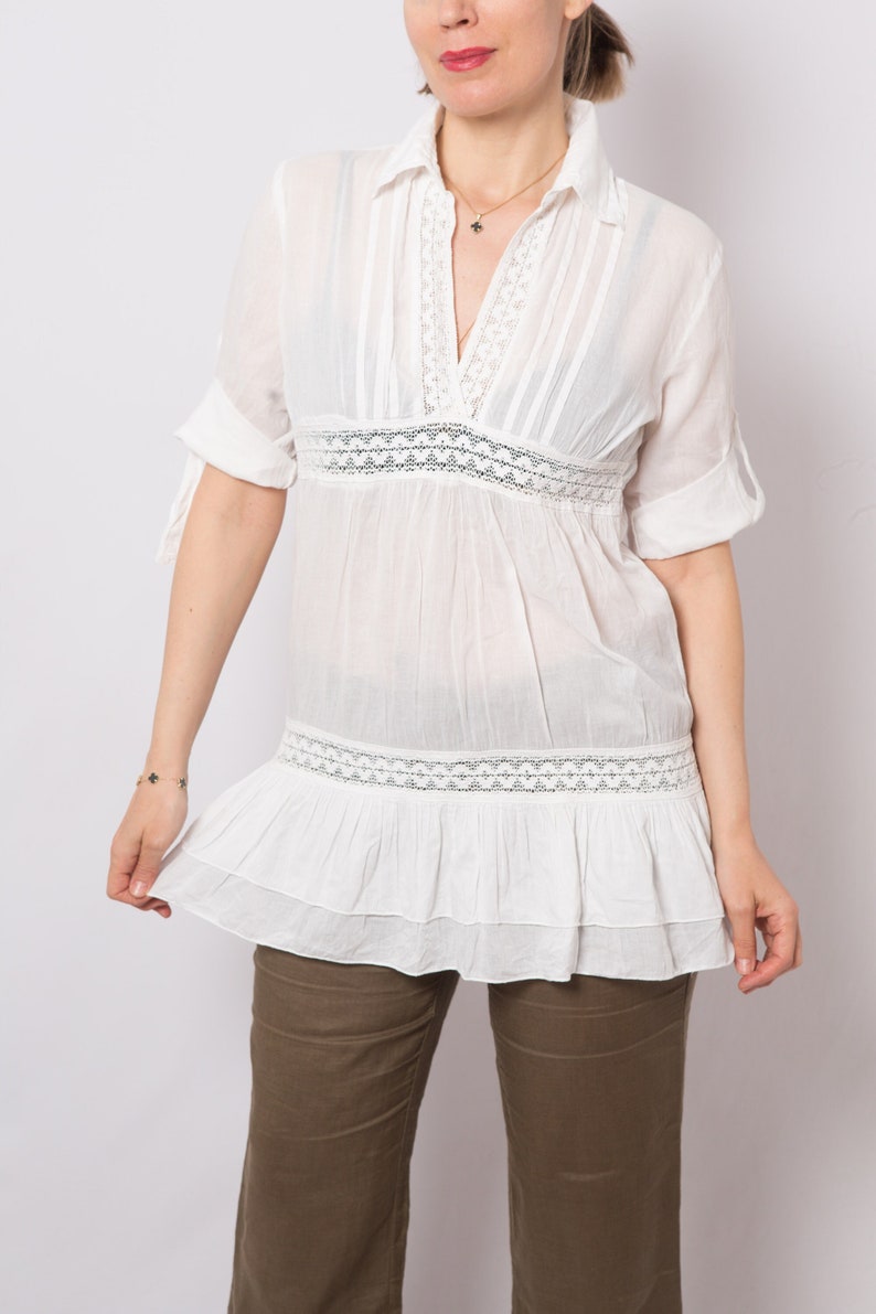 Holiday Summer Cotton Batiste Fabric Empire Waist Top with Pleat front Ruffle Hem Lace Details V Neck Small Size image 1