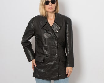 Vintage Leather Jacket Black Women Grunge Jacket Black Leather Trench Women Medium Size Gift for Girlfriend