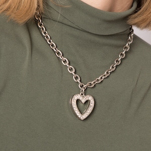 90s Rhinestone Heart Necklace Large Silver Heart Pendant Chain Adjustable Size Gift for Girlfriend Daughter image 1