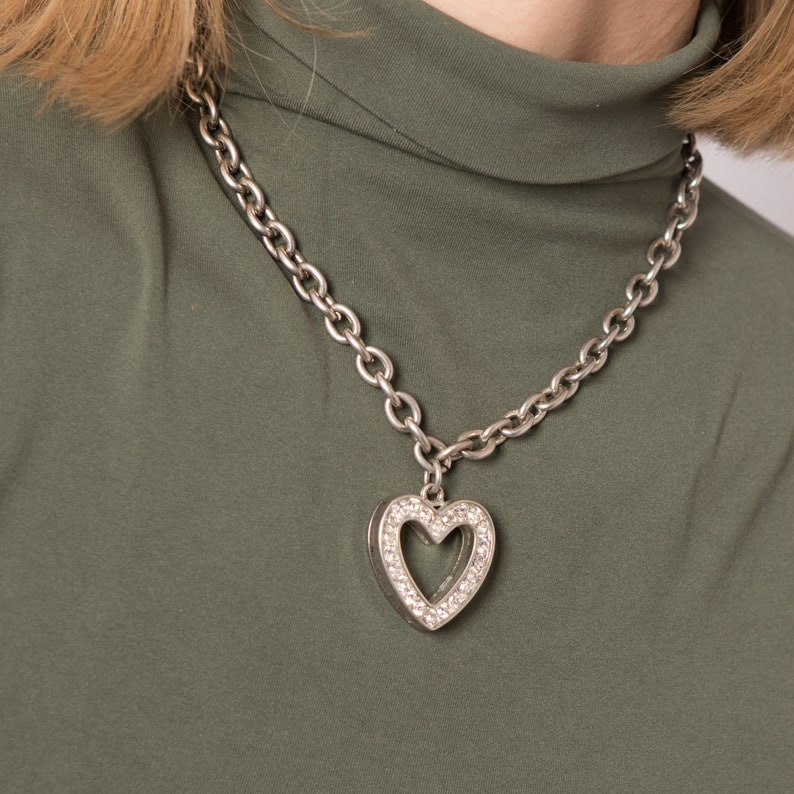 90s Rhinestone Heart Necklace Large Silver Heart Pendant Chain Adjustable Size Gift for Girlfriend Daughter image 1