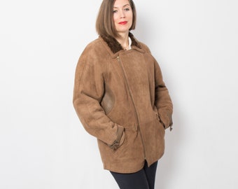 Vintage Shearling Jacket Suede Brown Shearling Leather Jacket Oversized Shoulder can fit Medium Large Size Gift