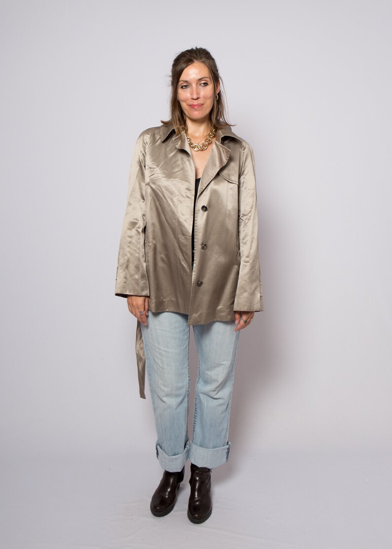 Max Mara Pinaforte Short Trench Coat Metallic Silver Cotton Silk Duster Evening Jacket Large Size