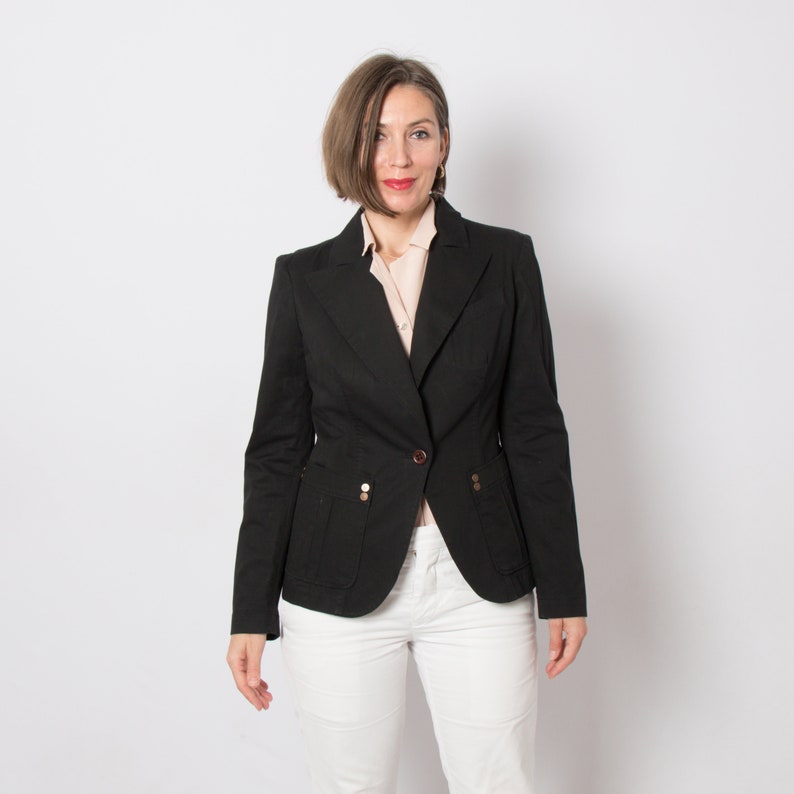 Classic Black Slim Fit Blazer Summer Cotton Jacket Lapel Collar one button Closure Medium Size Gift image 3